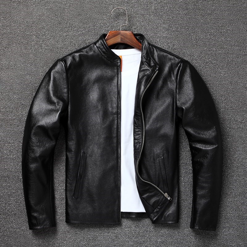 First-Layer Cowhide Leather Jacket, Slim Fit, Stand Collar, Short Biker Leather Jacket, Genuine Leather Jacket for Men, Plus Size Coat, Clearance Sale