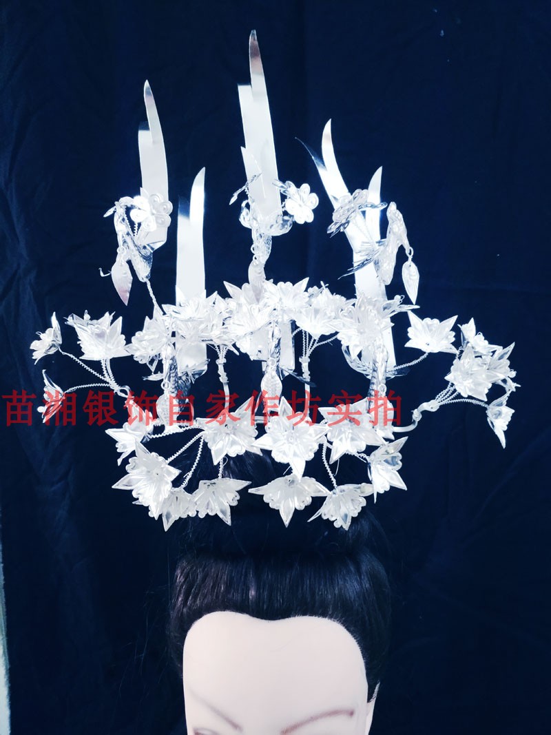 Miao Size Three Birds Brocade Chicken Dance Magpie Head Accessories Hair and silver hat Item Circle Stage Costume National Headwear