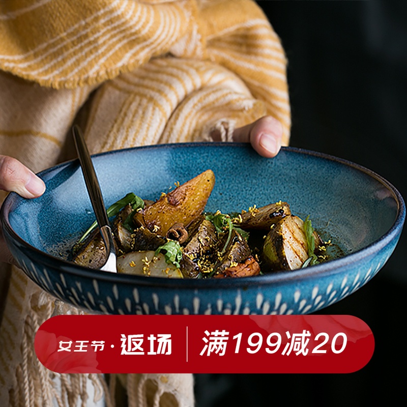 Eat mulberry mo continental plate printed creative household fish dish retro light expressions using basin deep dish western - style food tableware ceramics
