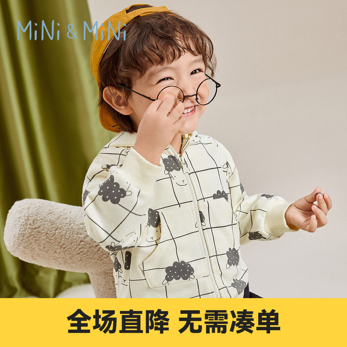 minipeace Taiping bird boy coat small goat printed signet toddler baby with hat-laced jacket autumn