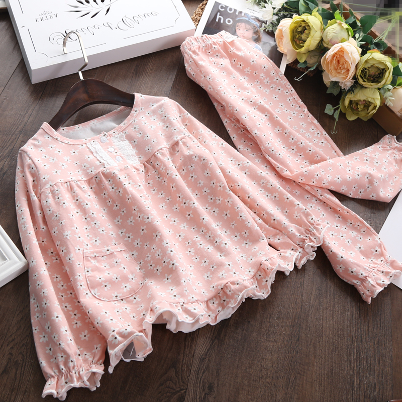 Girl Sleepwear Spring Autumn Clothing Children Long Sleeve Pure Cotton Lace Home Suits CUHK Child Thin Little Girl Loose Suit