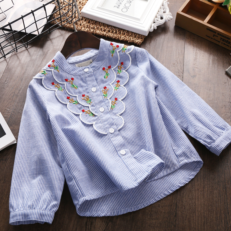 Girl Lap Shirt 2021 Spring Autumn Han Edition Children Suit Baby Cotton Linen Shirt Blue Stripe 100 Hitch Blouse