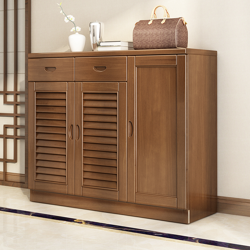 Full solid wood shoe cabinet three-door living room storage cabinet Modern Chinese wooden shutters breathable two-door storage cabinet 1 2m