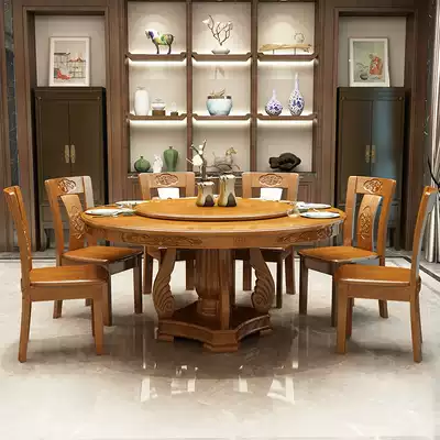 All solid wood dining table and chair combination modern Chinese round table oak table with turntable hotel home dining table