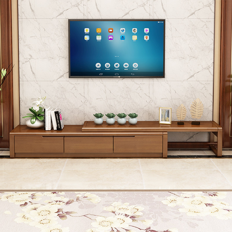 Chinese solid wood TV cabinet tea table combination modern minimalist small family dining room furniture TV and TV cabinet telescopic lockers