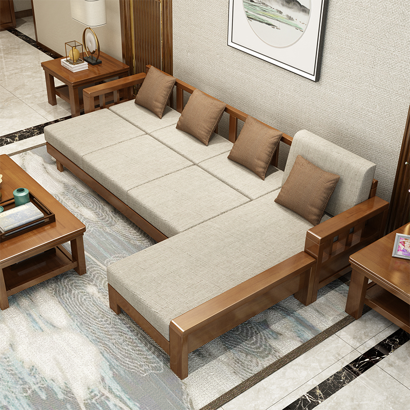 All solid wood sofa modern Chinese solid wood fabric combination small apartment corner living room sofa with pull bed