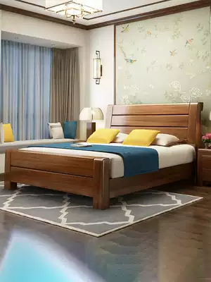 Golden walnut bed 1 8 meters 1 5 double bed Modern simple Chinese master bedroom high box bed storage bed All solid wood