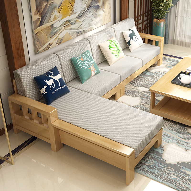 Chinese style full solid wood sofa combined modern minimalist living room rubber wood cloth art trio small family type log furniture