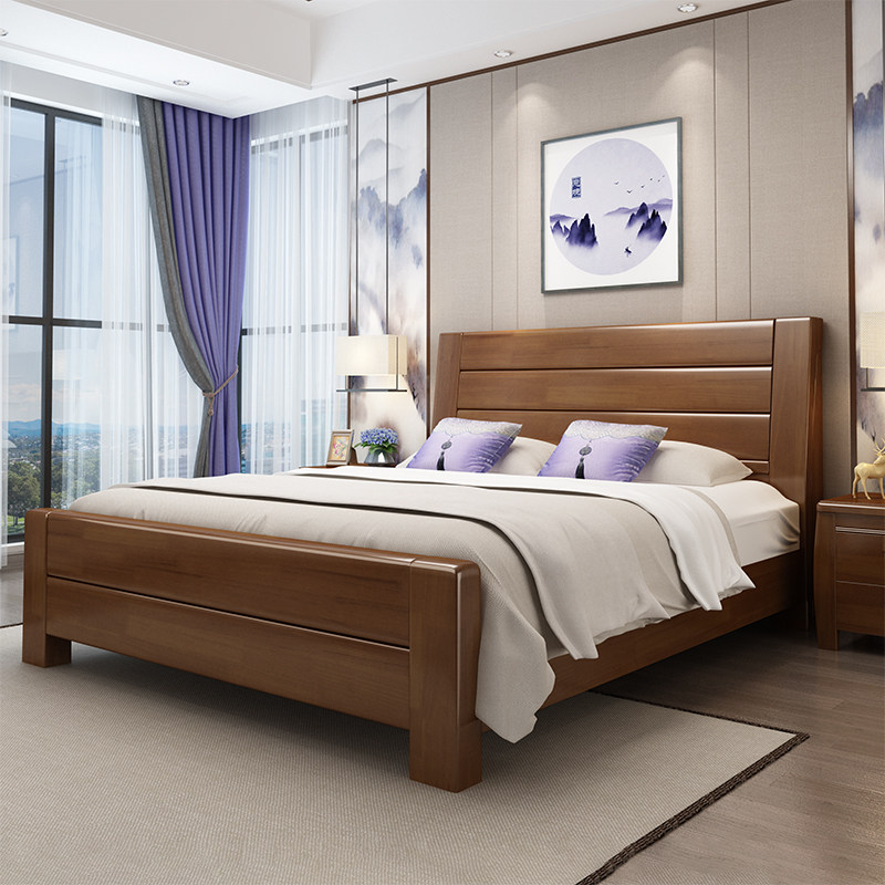 New Chinese solid wood bed 1 8m 1 5m double bed master bedroom modern minimal oak bed with drawer factory direct sales
