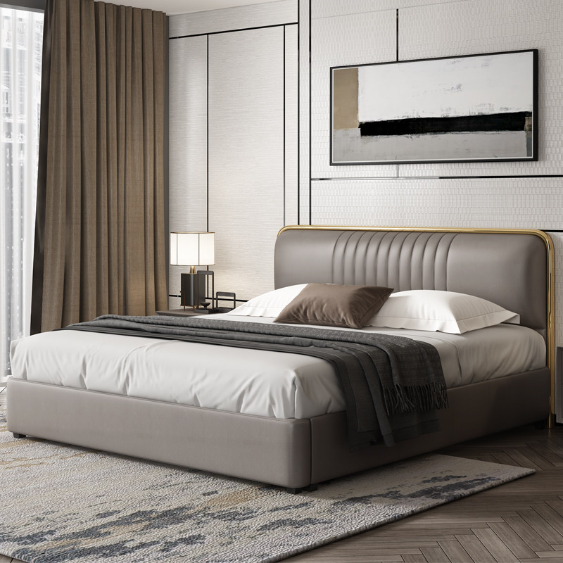 Bed light luxury modern leather bed master bedroom king bed wedding bed Nordic minimalist double bed leather bed small apartment leather solid wood bed