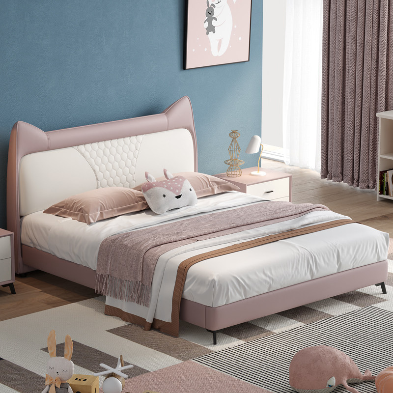 Children's bed girl Nordic light luxury leather bed simple and modern 1 5 meters 1 2 single bed girl pink princess bed