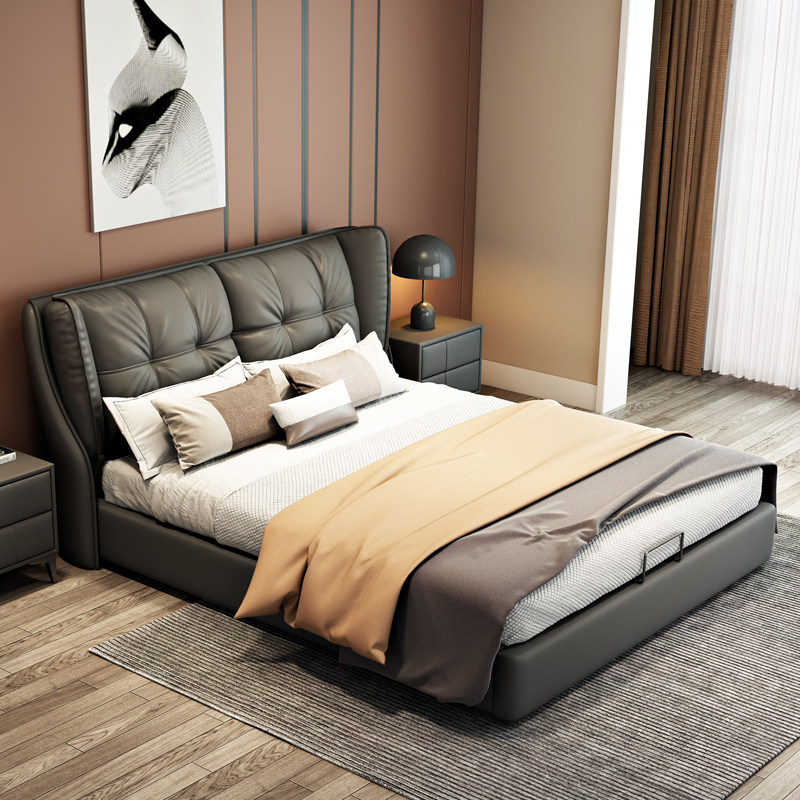 Nordic minimalist leather bed light luxury modern double bed Italian soft bag net celebrity master bedroom wedding bed 1 8 meters