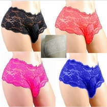 European and American mens underwear Transparent sexy lace underwear Large size low waist perspective U convex pouch breathable boxer shorts