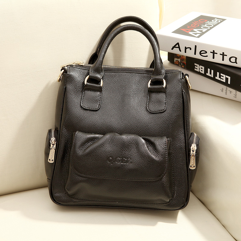 Literary retro fashion all-match commuter first layer cowhide black leather vertical hand-held one-shoulder messenger medium women's bag