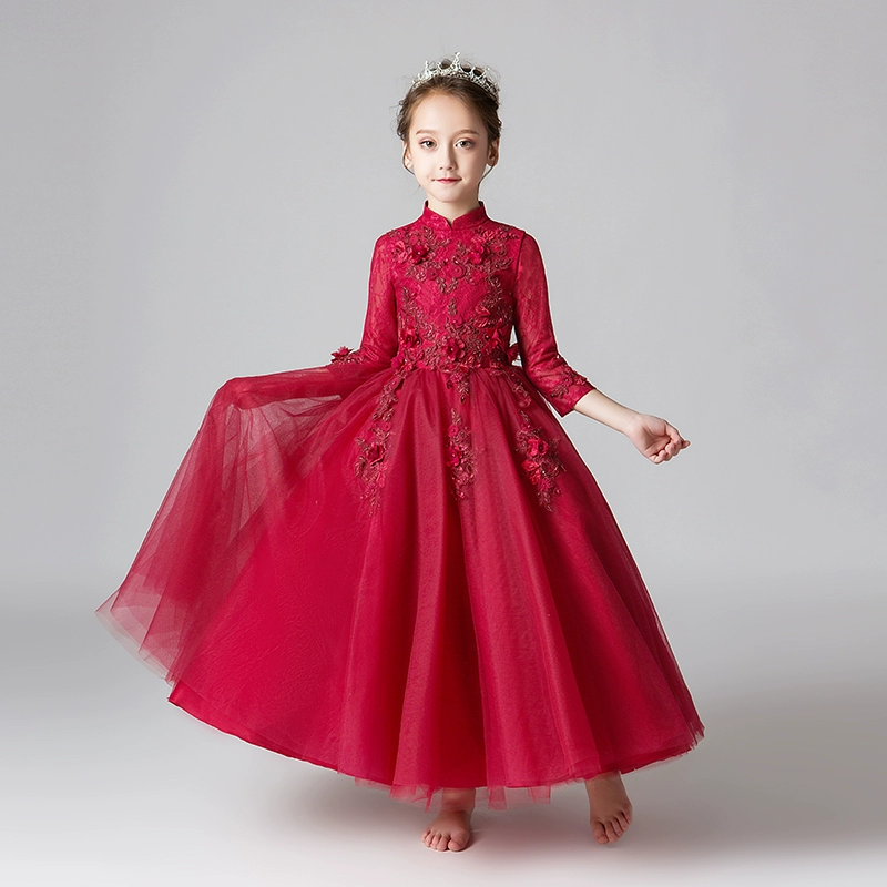 Công chúa váy cô gái tay dài sinh nhật màu đỏ trang phục piano biểu diễn nữ tiếp viên phương Tây mùa xuân và mùa thu - Váy trẻ em
