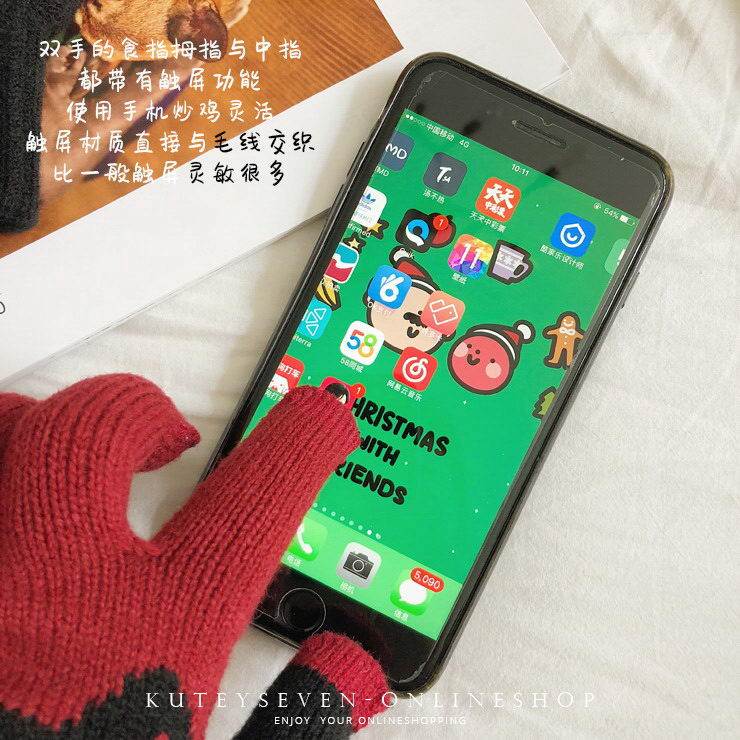 Перчатки 日本秋冬加厚加绒保暖触控屏幕手套男女情侣款可爱有趣实用方便手机 Content River design
