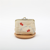 Exquisite retro~Japanese natural ramie goldfish embroidery coin purse key card bag portable literary gold bag