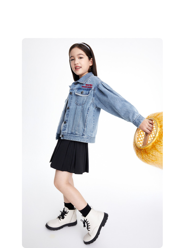 Детская куртка Жан 安奈儿女童装短款翻领浅色牛仔夹克外套春秋季款甜美时尚上衣 Annil