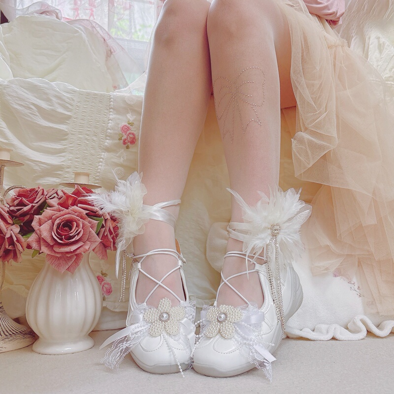 Spring New Ballet Lace-Up Shoes with Hidden Height Increase, Sweet Shallow-Cut Sneakers, White Feather Court-Style Lolita