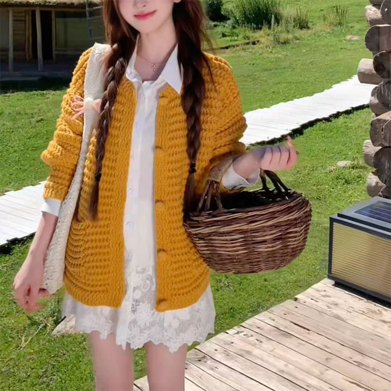 Early Autumn Vibe, Bright Yellow Trendy New Coarse-Knit Round-Neck Cardigan for Women, Lazy Style Thin Sweater Coat