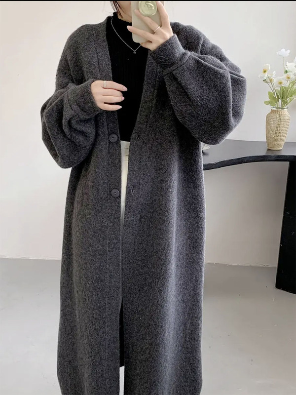 Jy Korean Style Autumn and Winter Thickened V-Neck Over-The-Knee Long Sweater Coat, Loose and Lazy Knit Cardigan with a High-End Feel
