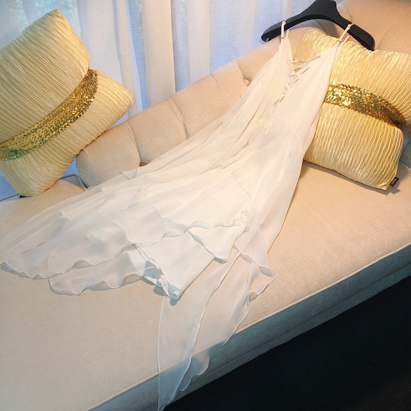 French niche very fairy white sling V-neck loose belly cover seaside vacation irregular a-line dress summer