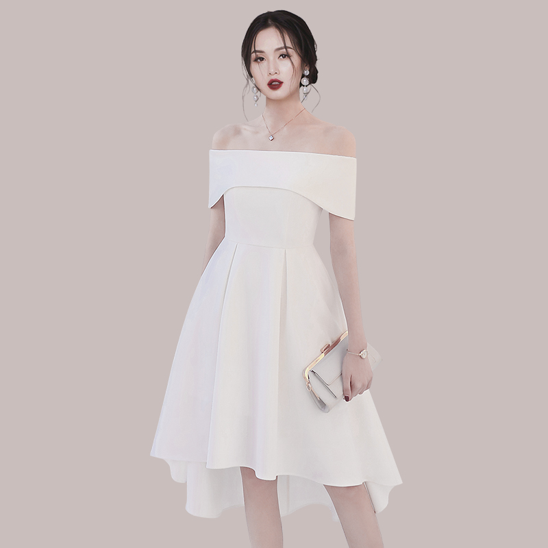 Thailand tide brand high-end temperament dress small white dress ladies white one-word neck off-the-shoulder high-waist irregular dress