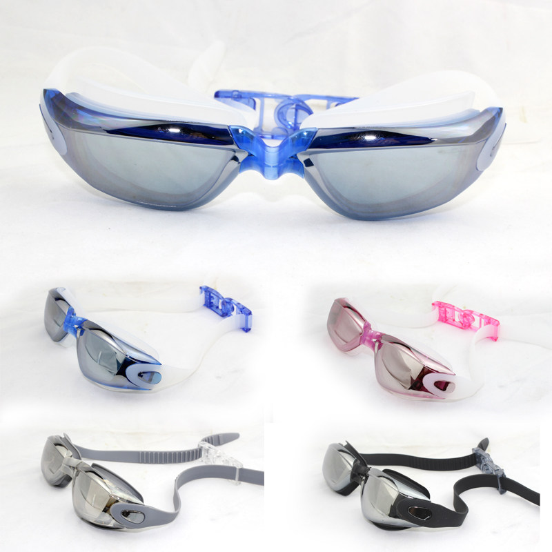 Promotional large frame anti-fog swimming goggles, coated reflective swimming goggles, flat light myopia leisure swimming goggles, snap-back type