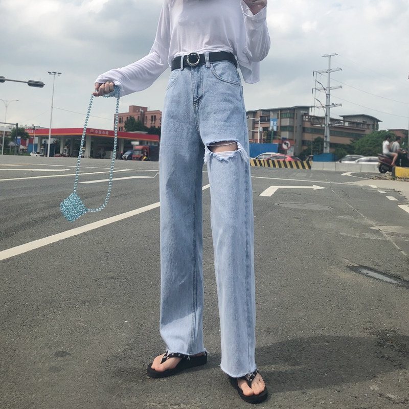 2020 spring first love pants high waist Hyuna with the same hole straight tube wide leg jeans women's summer loose mopping trousers