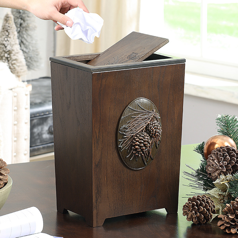 American-Style Creative Household Trash Can with Lid, New Chinese-Style Wooden Trash Bin for Living Room, Kitchen, Bedroom, Bathroom American-Style Creative Household Trash Can with Lid, New Chinese-Style Wooden Trash Bin for Living Room, Kitchen, Bedroom, Bathroom