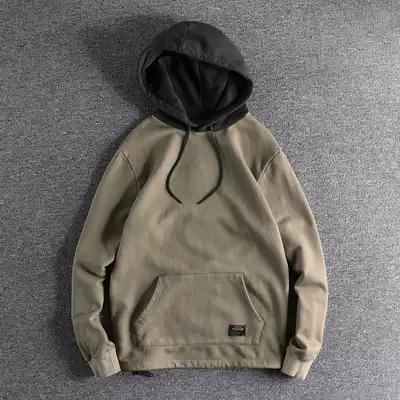 Old plus velvet pullover hooded sweatshirt men's natural washed contrast top youth hoodie comfortable loose men