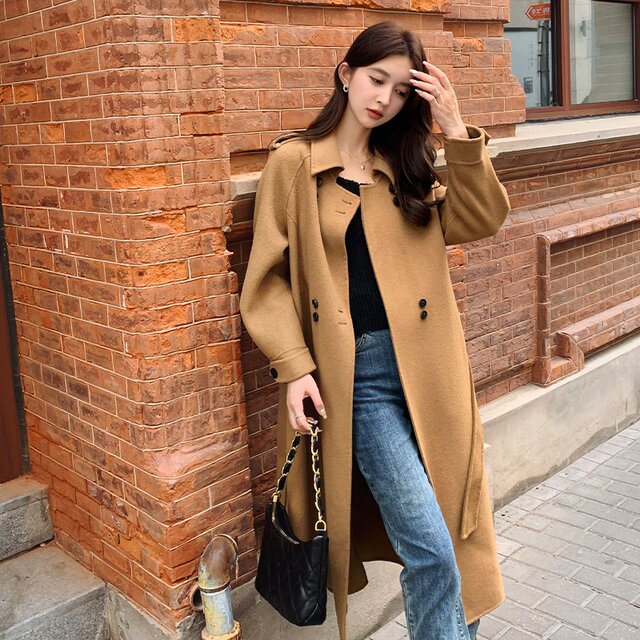 Khaki waist-strap light luxury double-sided cashmere coat for women Korean style velvet thickened knee-length woolen coat