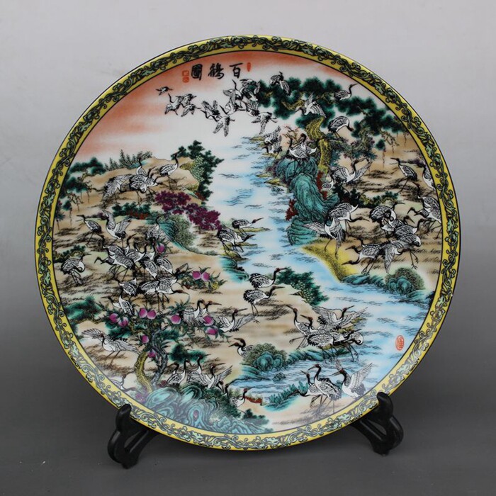 Antique porcelain ancient porcelain Ming Qing porcelain powder color 100 cranes old porcelain plate decorated with plate of plate and plate
