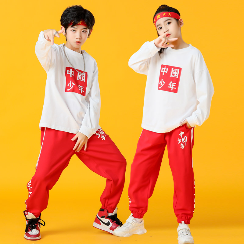 Hip-hop children's hip-hop tide clothes toddler jazz dance Chinese style long-sleeved boys T-shirt girls top boys clothes