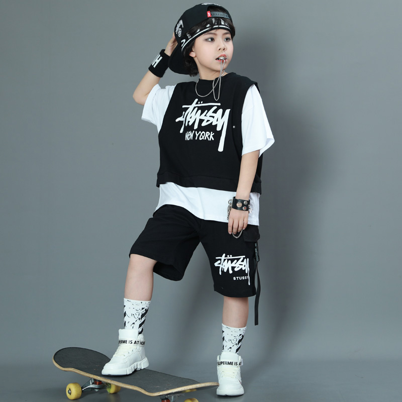 Hip Hop Boy Street Dance Suit Short Sleeve Children Practice girls' Two sets of Chaobao Walk Show Rack Subdrum to Serve Summer