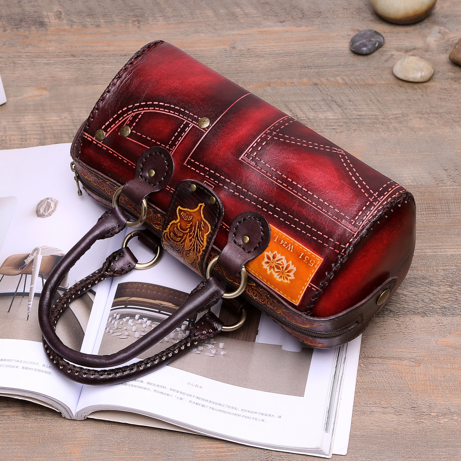 New Handmade Ladies Bag Retro National Wind Handbag Leather Sculpture Casual Twill Bag Denim Bag Genuine Leather Handbag Leather Handbag