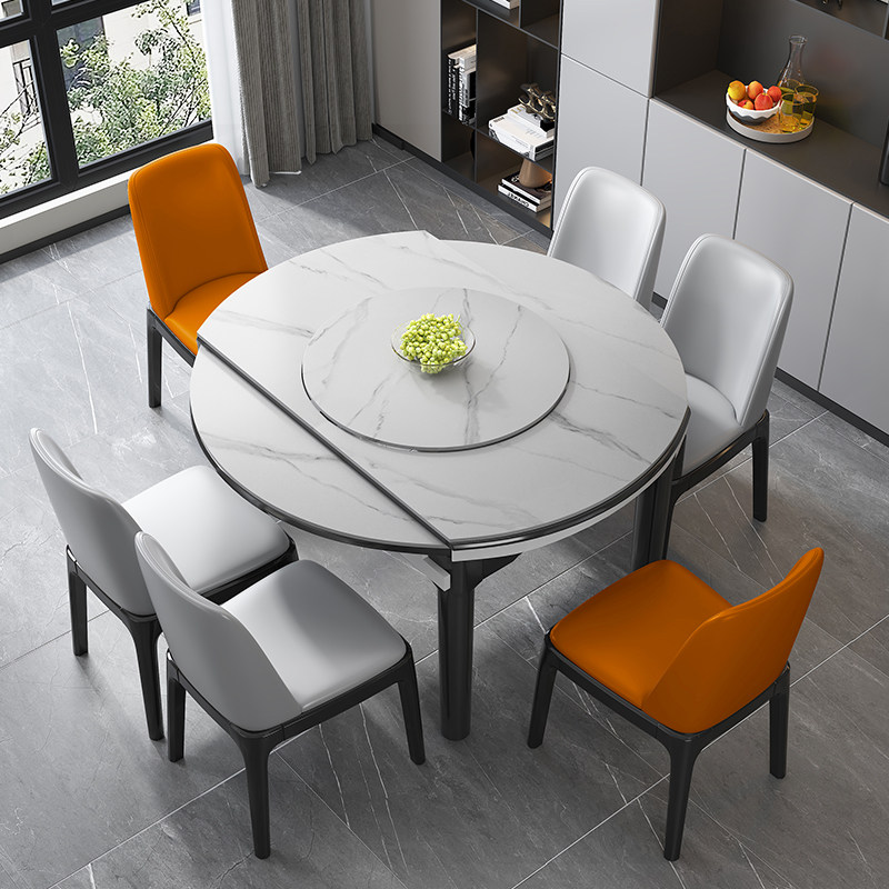 Rock plate dining table and chairs Combined modern minimalist light extravaganza with turntable retractable folding household small household type solid wood round table