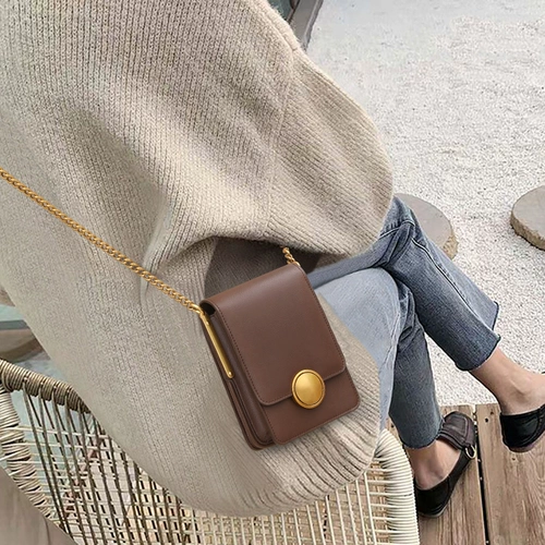 bdc/蓝舞 Сумка для телефона, ретро кожаная цепь, небольшая сумка, из натуральной кожи, изысканный стиль