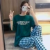 Phong cách hàn quốc bộ đồ ngủ pijama hai mảnh phong cách phương tây cotton tinh khiết quần ngắn tay mùa hè phong cách mỏng có thể đi ra ngoài bình thường phục vụ tại nhà phụ nữ - Nam giới