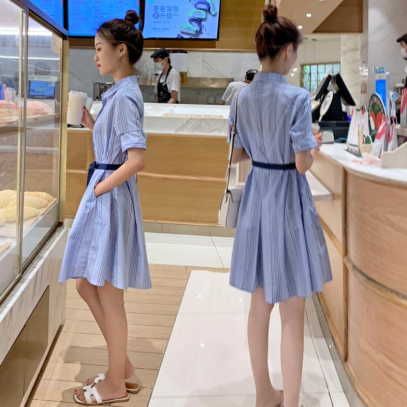 Vertical striped dress women's 2022 summer new blue small temperament age-reducing shirt collar skirt summer dress