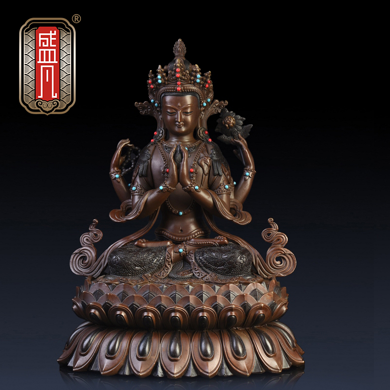 Shengfan Four-arm Guanyin Buddha exquisite pure copper four-arm Guanyin pendulum piece Tibetan Buddhism Bodhisattva Nepali craftsmanship