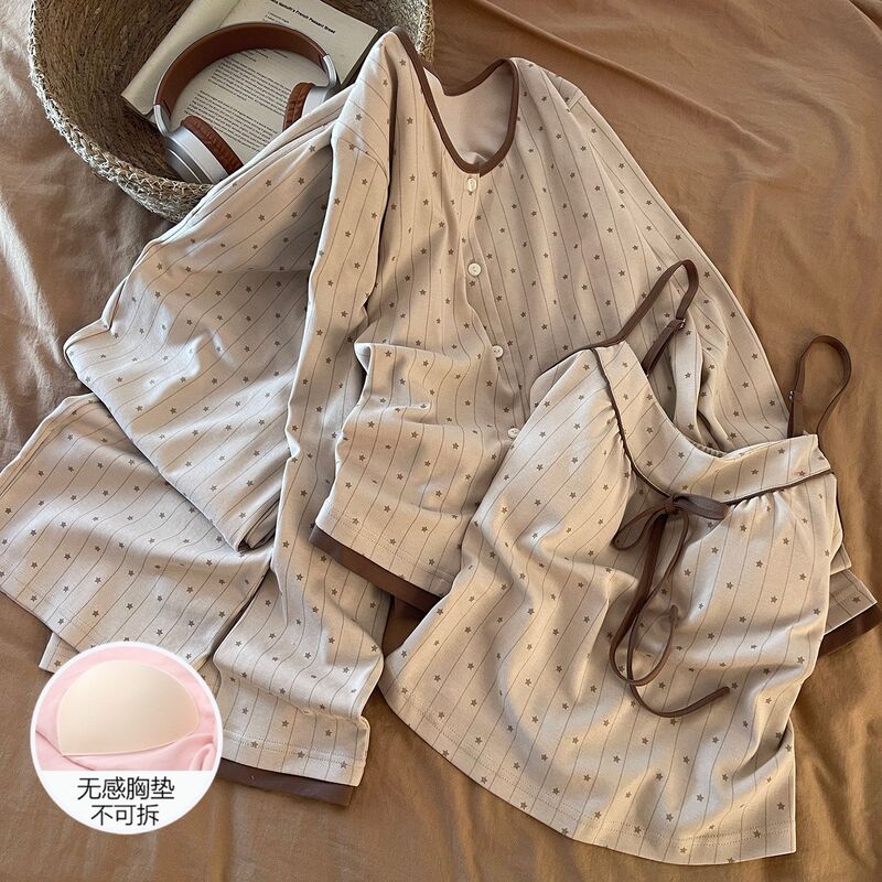 Women's Autumn Pure Cotton Plus-Size Camisole and Long Pants Three-Piece Set with Chest Pads, Can Be Worn Outside, Vertical Stripe Star Loungewear