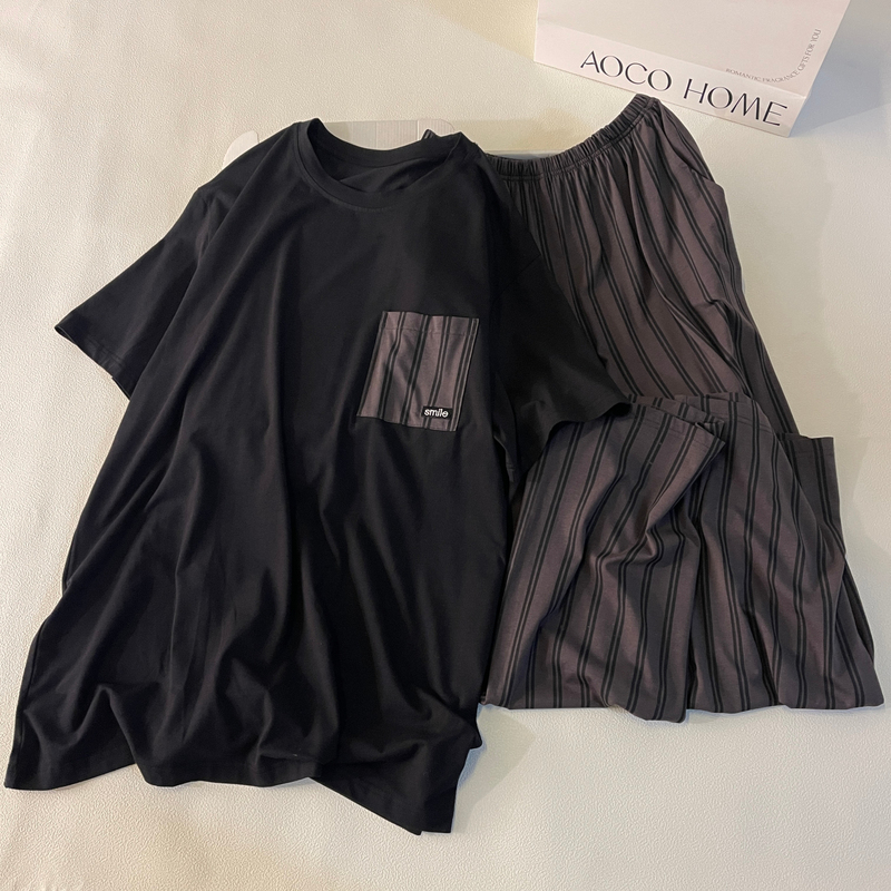 Men's Pajamas Spring and Summer Modal Rayon Can Be Worn Outside Short-Sleeved Large Size Black Vertical Striped Casual Suit Home Wear