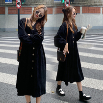 Early autumn pregnant women small black dress Fashion Net red 2021 Autumn New corduroy pregnant women dress can be open button breastfeeding