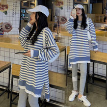 Pregnant women autumn fashion set 2021 net red New pregnant womens striped sweater dress belly pants two-piece set