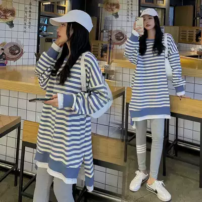 Pregnant women autumn fashion set 2021 net red New pregnant women stripes casual top dress belly pants two-piece set