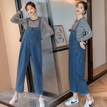 Pregnant women autumn fashion set Net red tide Mother denim pants cotton striped T-shirt long sleeve pregnant women two-piece set