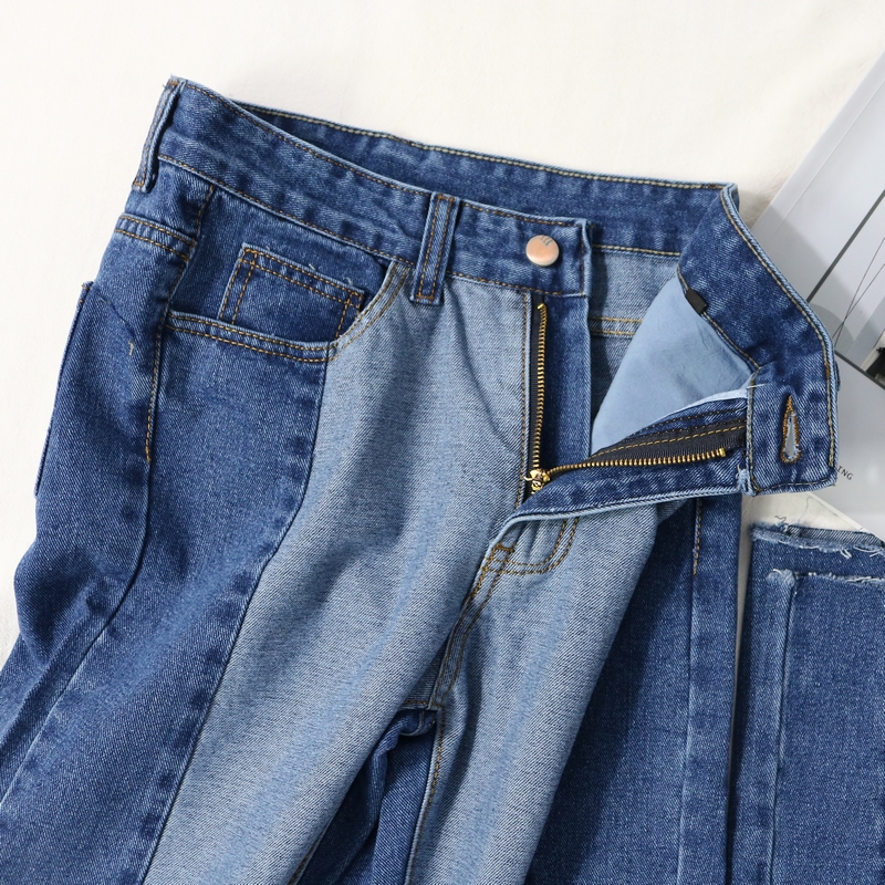 Khâu quần jean nữ chín điểm B 13 MM béo cỡ lớn rộng eo cao Hồng Kông hương vị quần denim ống rộng ống thẳng tám quần quần jeans nữ