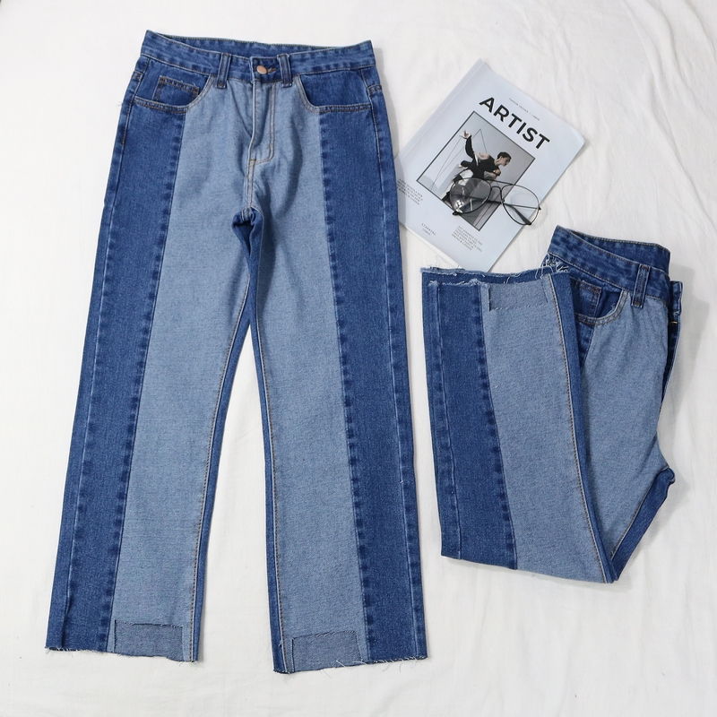 Khâu quần jean nữ chín điểm B 13 MM béo cỡ lớn rộng eo cao Hồng Kông hương vị quần denim ống rộng ống thẳng tám quần quần jeans nữ