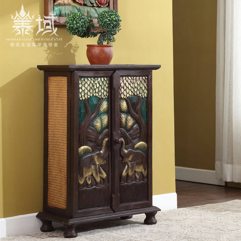 TaiDomains Thai Elephant Partition XUAN GUAN CABINET BAS-RELIEF SOLID WOOD ENTRANCE DOOR ENTRY CABINET SOUTHEAST ASIAN STYLE FURNITURE INNATE
